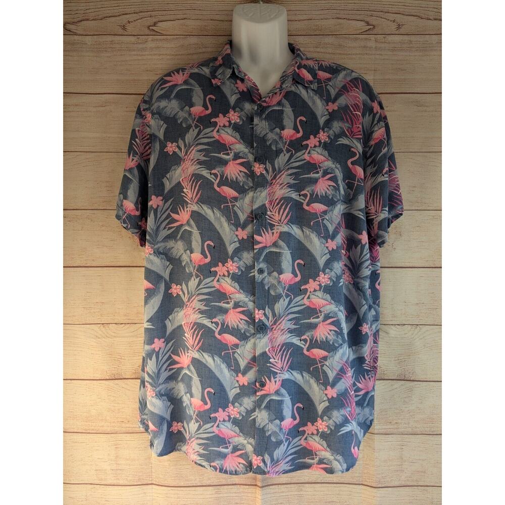 Endless Summer Hawaiian Shirt Mens XL Palm Flamingos Blue EUC